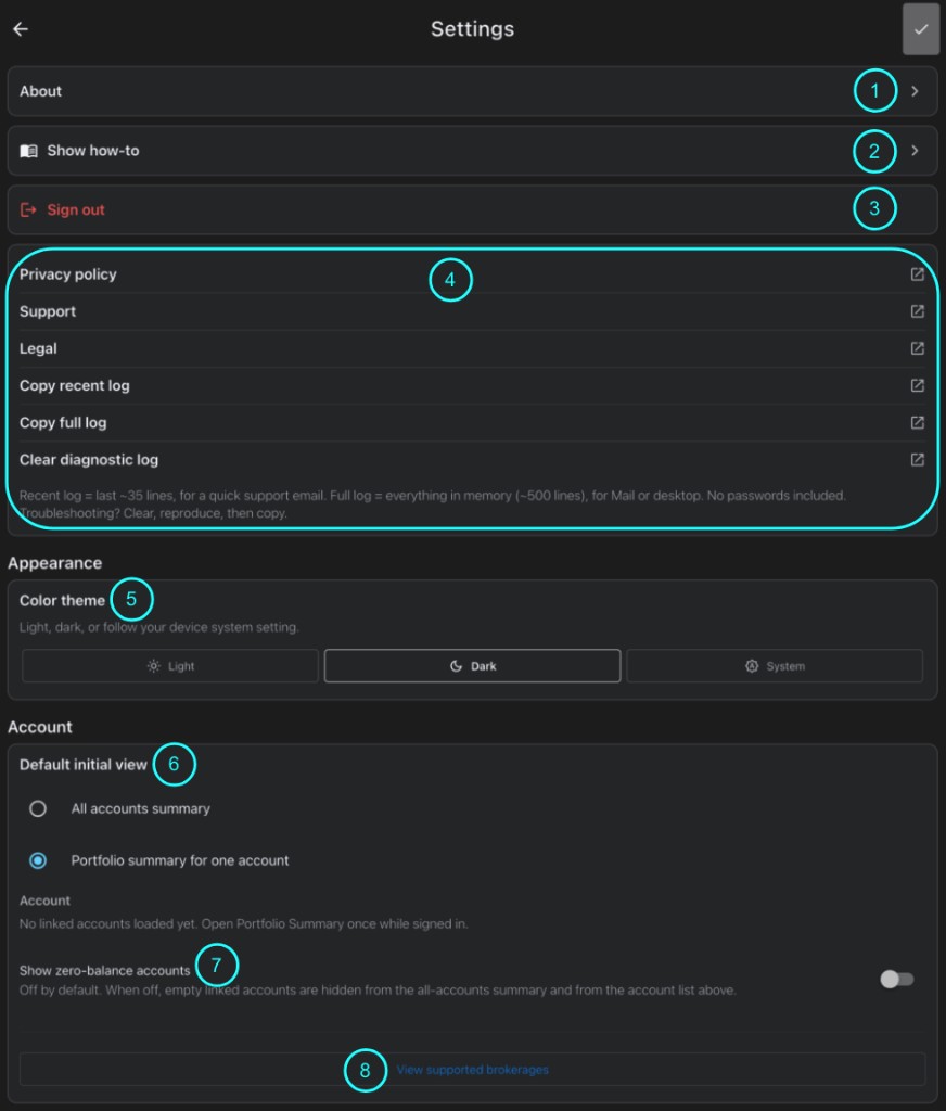 Top of Settings with callouts 1 through 8: About, Show how-to, Sign out, policies and diagnostic log, color theme, default initial view, zero-balance accounts, and supported brokerages.