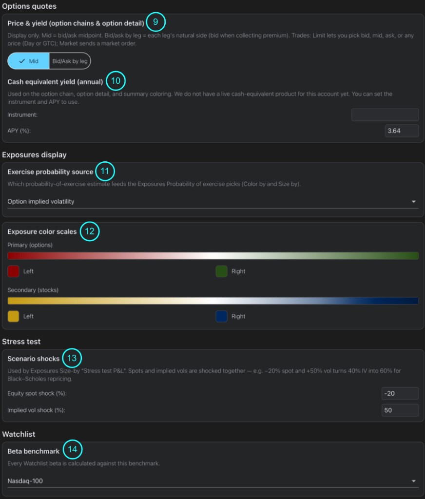 Settings continued, callouts 9 through 14: price and yield, cash-equivalent yield, exercise probability, exposure color scales, stress test, and beta benchmark.